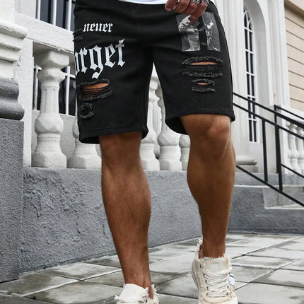 Pantaloncini di jeans elasticizzati estivi da uomo Jeans da uomo Streetwear Lettera strappata al ginocchio Baggy Comfort Cargo Pantaloncini casual Pantaloni Jean