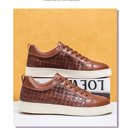 Men Woven Faux Leather Lace‑Up Skate Sneakers Low Top Flat Casual Shoes Retro Stitching Splicing Daily Outdoor Commuter Footwear