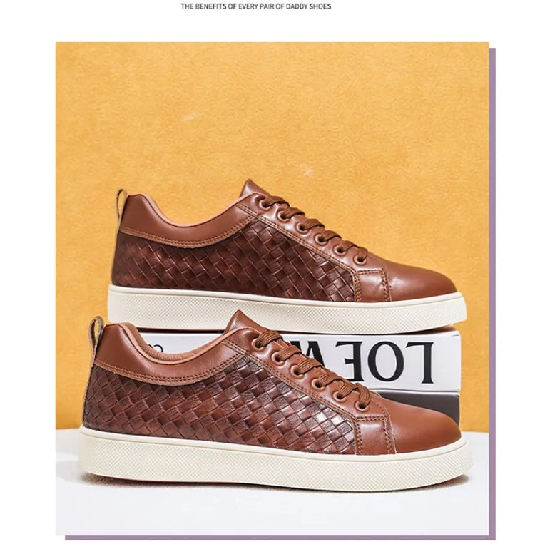 Men Woven Faux Leather Lace‑Up Skate Sneakers Low Top Flat Casual Shoes Retro Stitching Splicing Daily Outdoor Commuter Footwear