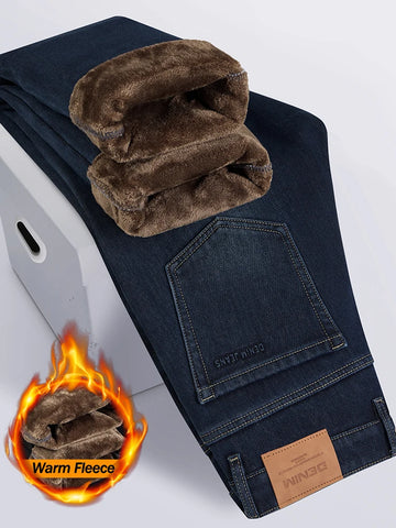 2026 Winter Jeans Men's Thicker Warmth Loose Straight Trousers Pants Velvet Thermal Classic Black Dark Blue Washed Denim Pants