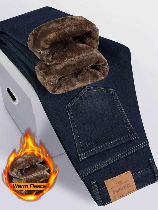2026 Winter Jeans Men's Thicker Warmth Loose Straight Trousers Pants Velvet Thermal Classic Black Dark Blue Washed Denim Pants