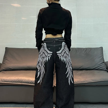 1 paio di jeans larghi con stampa Wing in stile retrò americano, pantaloni neri a gamba larga alla moda e versatili per donna