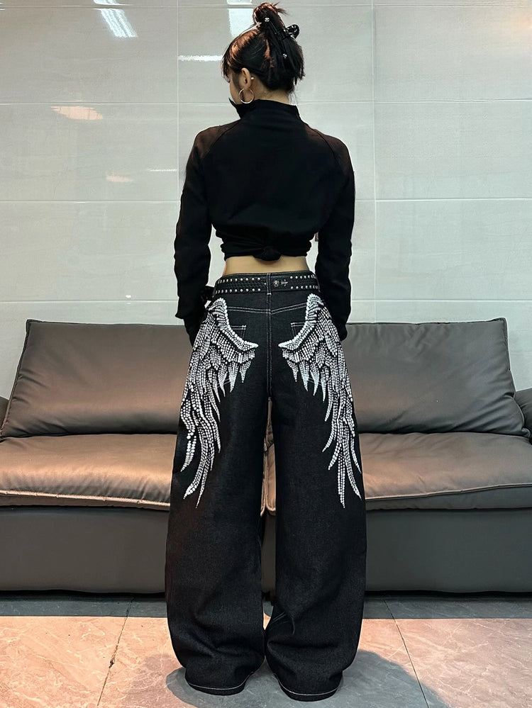 1 paio di jeans larghi con stampa Wing in stile retrò americano, pantaloni neri a gamba larga alla m