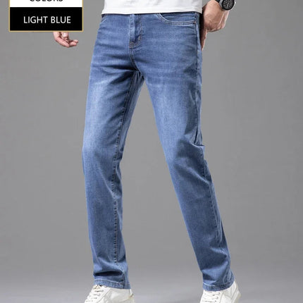 Summer Thin Men's Elastic Cotton Jeans Fashion Gray Comfortable Business Straight Casual Pants Brand Male Clothes Trousers PlatiNum