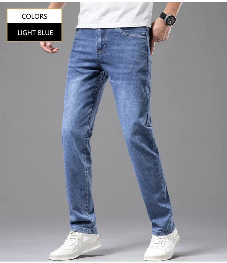 Summer Thin Men's Elastic Cotton Jeans Fashion Gray Comfortable Business Straight Casual Pants Brand Male Clothes Trousers PlatiNum