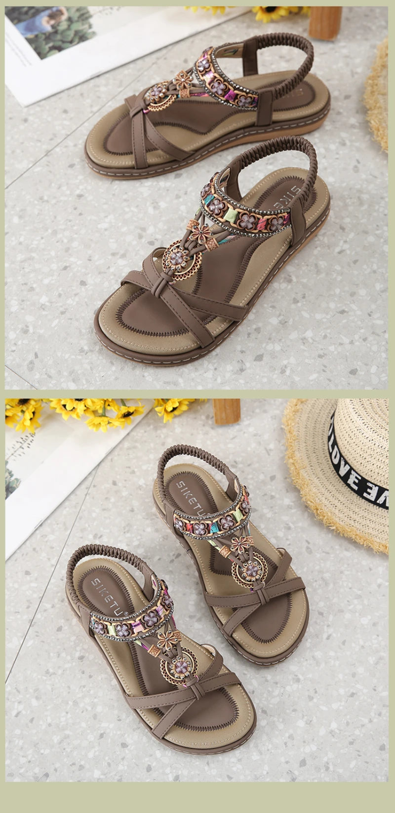 Summer 2025 Pomesian Rhinestones Comfortable And Casual Beach Flat Sandals For Women Ethnic Style Leisure Comfortable And Simple