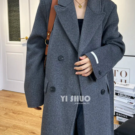 High-end White Thick Double-sided Wool Cashmere Coat Long Women Fashion Casual Loose Lapel Lace-up Woolen Jacket Autumn Winter
