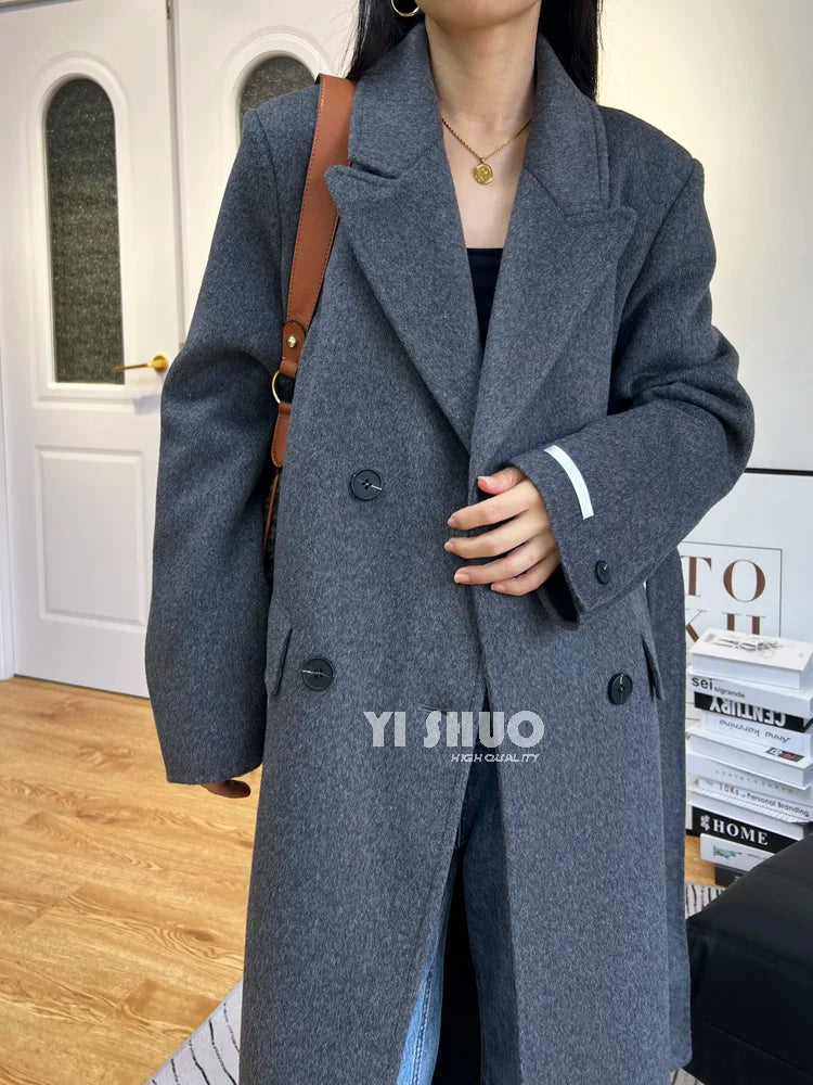 High-end White Thick Double-sided Wool Cashmere Coat Long Women Fashion Casual Loose Lapel Lace-up Woolen Jacket Autumn Winter