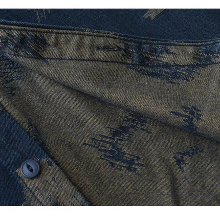 T795 Men's Long Sleeve Denim Casual Shirt for Autumn Winter Fashion Loose Relaxed Fit Vintage Flower Print Denim Jackets Male