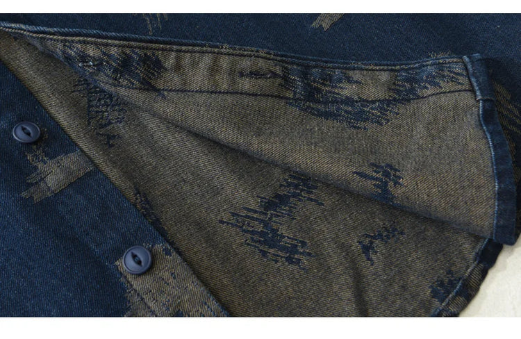 T795 Men's Long Sleeve Denim Casual Shirt for Autumn Winter Fashion Loose Relaxed Fit Vintage Flower Print Denim Jackets Male