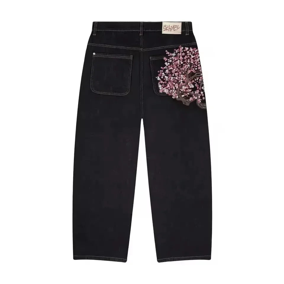 Abito casual retrò vita bassa hip hop fiori di ciliegio jeans ricamati pantaloni a gamba larga y2k abbigliamento jeans larghi ricamati da uomo