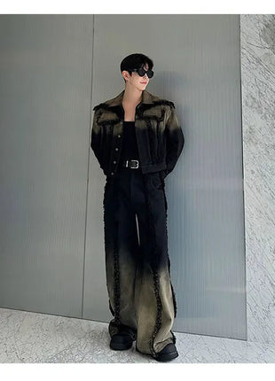 2025 New Men Denim Jacket and Jeans Set Two Piece Gradient Color Frayed Design Loose Fit High End Street Fashion Youth Trendy PlatiNum