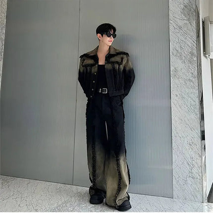 2025 New Men Denim Jacket and Jeans Set Two Piece Gradient Color Frayed Design Loose Fit High End Street Fashion Youth Trendy PlatiNum