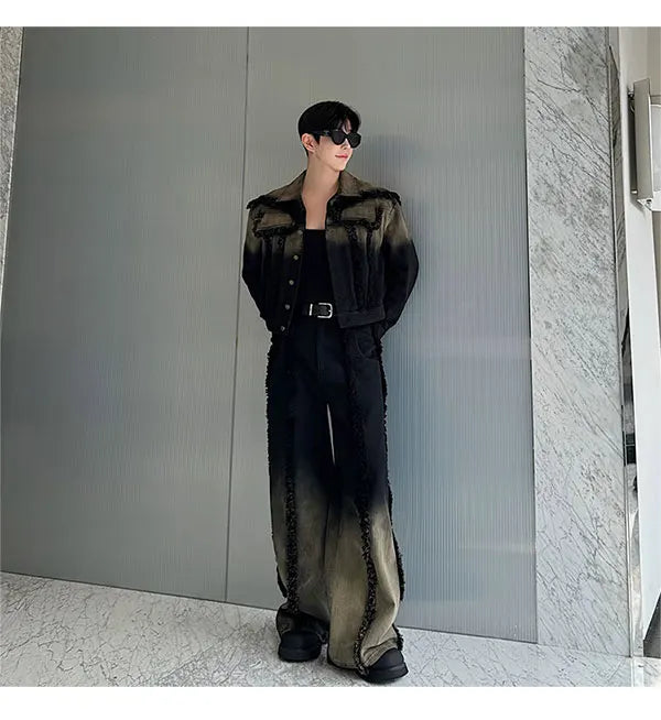 2025 Nuovi uomini Giacca di jeans e jeans Set Due pezzi Sfumatura di colore Design sfilacciato Vestibilità ampia Moda di strada di fascia alta Gioventù alla moda