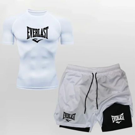 EVERLAST Camicia da Compressione da Uomo + Pantaloncini Sportivi 2 in 1 Set da 2 Pezzi per Il Tempo Libero Respiro Manica Corta Sport Jogging Palestra Marchio di Abbigliamento Stampa platinumshop