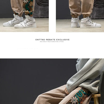 Pantaloni casual alla moda Abbigliamento da uomo Cotone Samurai giapponese Ricamo Patchwork Pantaloni Harem Pantaloni Harajuku oversize da uomo