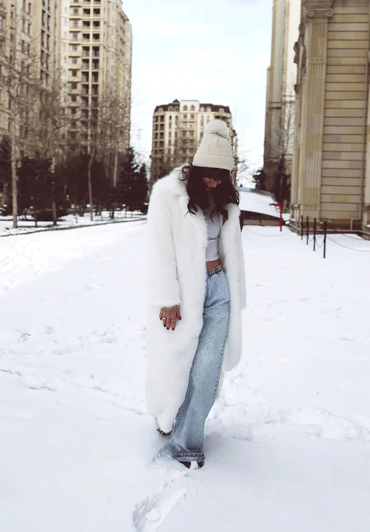 ZADORIN 130cm Super Long Fluffy Faux Fur Coat Woman Jacket Winter Lapel Thicken White Faux Fur Coats Jacket for Women Outerwears