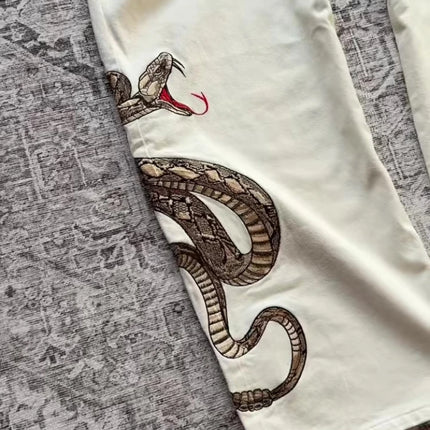Jeans Streetwear Retrò con Ricamo Boa e Stampa Pitone, Pantaloni in Denim con Tasche, Tendenza Y2K, Unisex, Gamba Dritta e Vestibilità Ampia