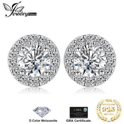 JewelryPalace Moissanite D Color Total 1ct Round 925 Sterling Silver Halo Stud Earrings for Woman Yellow Gold Rose Gold Plated PlatiNum