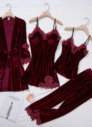 TOP Casual Velluto Abbigliamento per la casa 4 pezzi Set da notte Intimo Lingerie Pigiama da donna Completo a maniche lunghe in pizzo Velluto Homewear Pigiama set