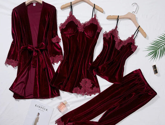 TOP Casual Velluto Abbigliamento per la casa 4 pezzi Set da notte Intimo Lingerie Pigiama da donna Completo a maniche lunghe in pizzo Velluto Homewear Pigiama set