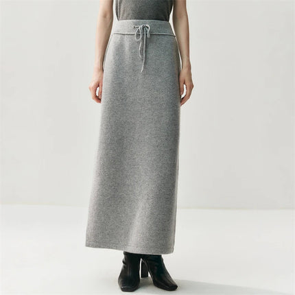 Women Pure Cashmere Long Skirts Autumn Winter Straight Ankle Length Thick Skirts 100% Cashmere Knit Drawstring and Split Skirts PlatiNum