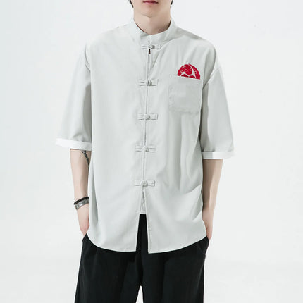 Camicie Retrò da Uomo Ricamate Stile Kung Fu Tai Chi, Camicie Casual a Maniche Corte, Stile Cinese in Lino Traspirante e Cotone per Uomo