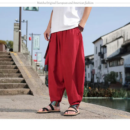 Pantaloni Larghi da Uomo Stile Cinese Retrò 2026, Taglie Forti, di Tendenza, Moda High Street, in Cotone e Lino, Leggings Uomo