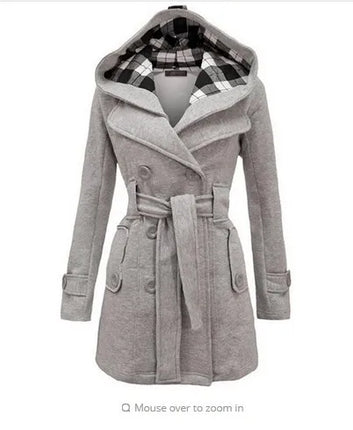 2026 Autumn Women's Hooded Overcoat Trend Double-Breasted Design Belt Side Pockets Plaid Splice Woolen Coats Winter Jacket Femme
