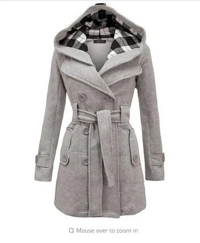 2026 Autumn Women's Hooded Overcoat Trend Double-Breasted Design Belt Side Pockets Plaid Splice Woolen Coats Winter Jacket Femme