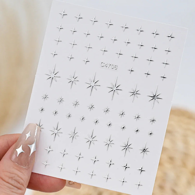 6Sheets Metallic Silver 3D Nail Art Stickers Self‑Adhesive Decals Star Chain Heart Pattern for DIY Manicure Nail Decor Accessories