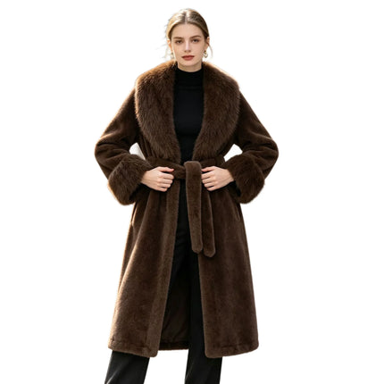 Women's Winter Trench Coat with Large Lapels, Faux Fox Fur Long Coat, Over-the-Knee Jacket
