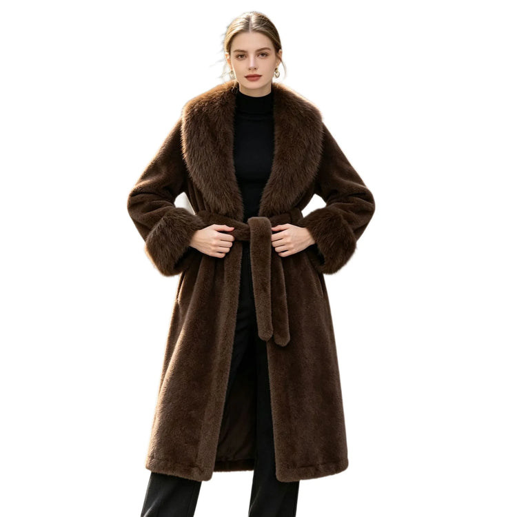 Women's Winter Trench Coat with Large Lapels, Faux Fox Fur Long Coat, Over-the-Knee Jacket