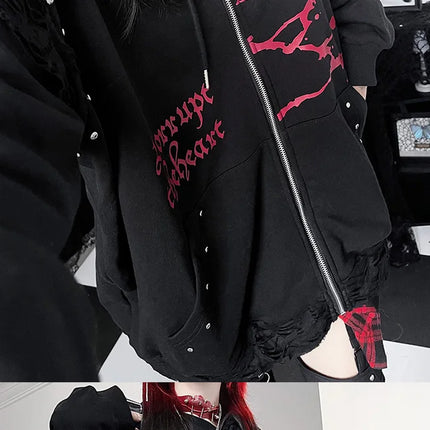 Original Print Subculture Dark Loose Cat Ear Distressed Hooded Sweatshirt Jacket Zip Up Hoodie Oversized Hoodie