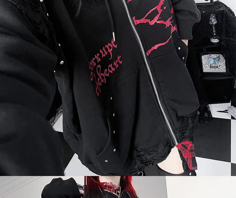 Original Print Subculture Dark Loose Cat Ear Distressed Hooded Sweatshirt Jacket Zip Up Hoodie Oversized Hoodie