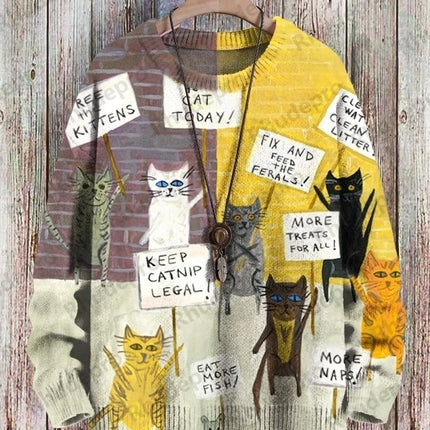 Cute Black Cat Graphic Retro Pattern 3D Printed Men's Knitted Pullover Winter Unisex Casual Warm Knit Pullover Sweater