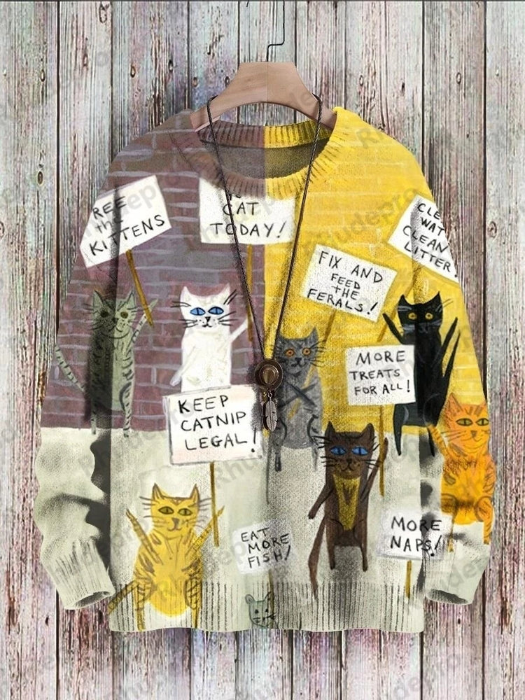 Cute Black Cat Graphic Retro Pattern 3D Printed Men's Knitted Pullover Winter Unisex Casual Warm Knit Pullover Sweater