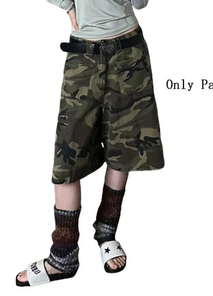 PBAP Camouflage Denim Bermuda Pants High Waist Pocket Patched Straight Cargo Jean Shorts Jorts Harajuku Vintage Women Streetwear PlatiNum