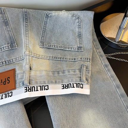 Jeans Vintage Americani Strappati e Patchwork per Donna, Blu Chiaro, Vita Alta, Gamba Larga, Pantaloni in Denim per Primavera e Autunno