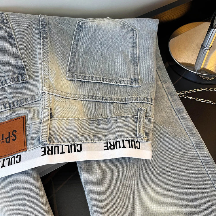 Jeans Vintage Americani Strappati e Patchwork per Donna, Blu Chiaro, Vita Alta, Gamba Larga, Pantaloni in Denim per Primavera e Autunno