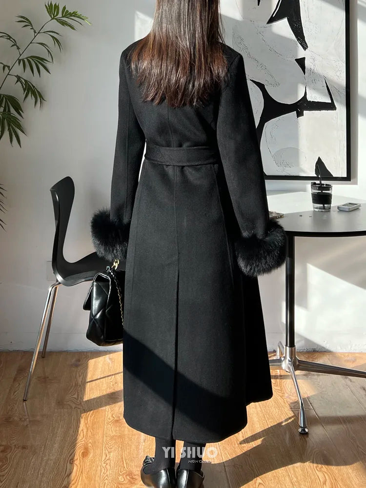 Autumn Winter Korean High-end Real Fox Fur Sleeves Women Black Slim Fit Waist Cinched Double-sided Wool Coat Long Woolen Coat