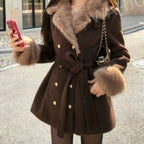 Winter Korean Fashion Wool Coat for Women Slim Fit Double Breasted Belted Fur Collar Jacket Elegant Chic Warm Long Outerwear