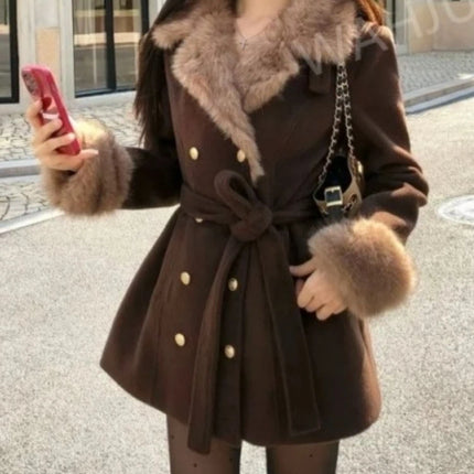 Winter Korean Fashion Wool Coat for Women Slim Fit Double Breasted Belted Fur Collar Jacket Elegant Chic Warm Long Outerwear