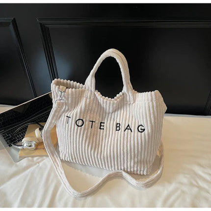 Large Capacity Striped Velvet Handbag Shoulder Bag for Woman Handbags Crossbody Bags, Versatile Letter Corduroy Women's Tote Bag PlatiNum