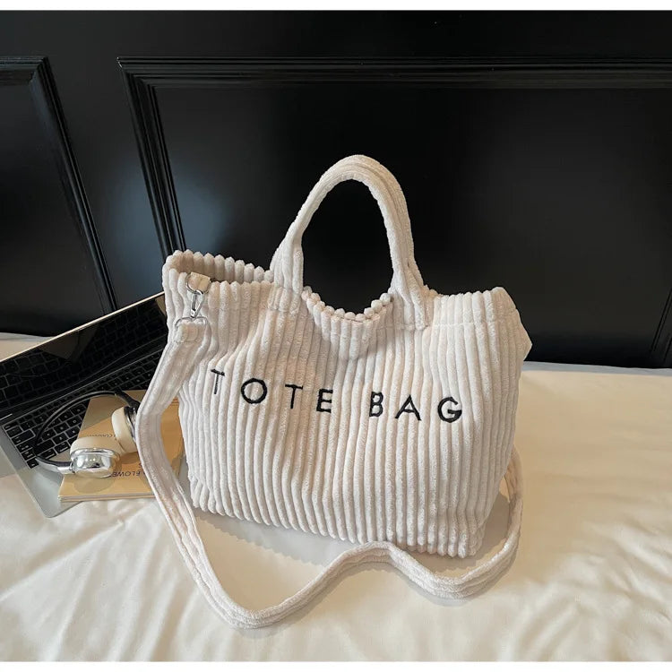 Large Capacity Striped Velvet Handbag Shoulder Bag for Woman Handbags Crossbody Bags, Versatile Letter Corduroy Women's Tote Bag PlatiNum