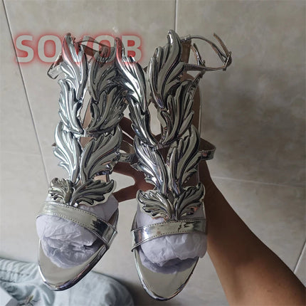 White Elegant Prom Heels Sandals Open Toe Leaf Wing Caged Sandals Chic Party Event Stiletto Shoes Stylish Party Footwear PlatiNum