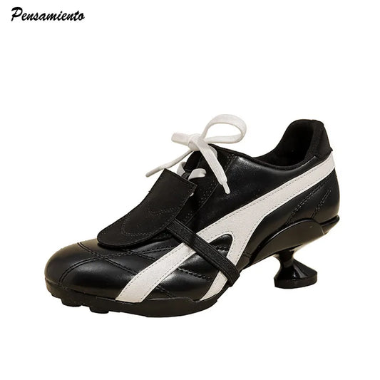 Ins style Fashion Mixed-color Patchwork Soft Leather Women High heels sneakers Autumn Winter Casual Lace-up Novelty Sporty Shoes