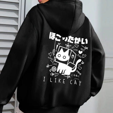 I Like Cat Heart Box Cat Print Women Hoody Autumn Fleece Hoodies Jogging Loose Streetwear Casual All-Match Female Hoodie