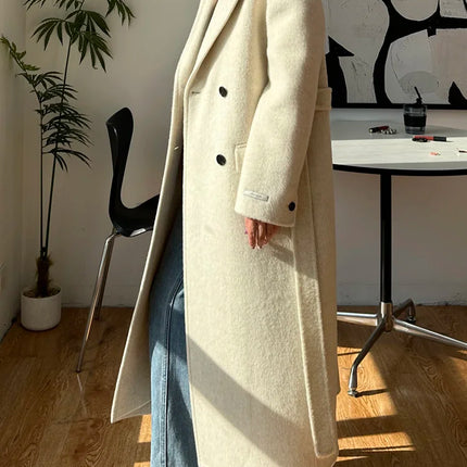 High-end White Thick Double-sided Wool Cashmere Coat Long Women Fashion Casual Loose Lapel Lace-up Woolen Jacket Autumn Winter