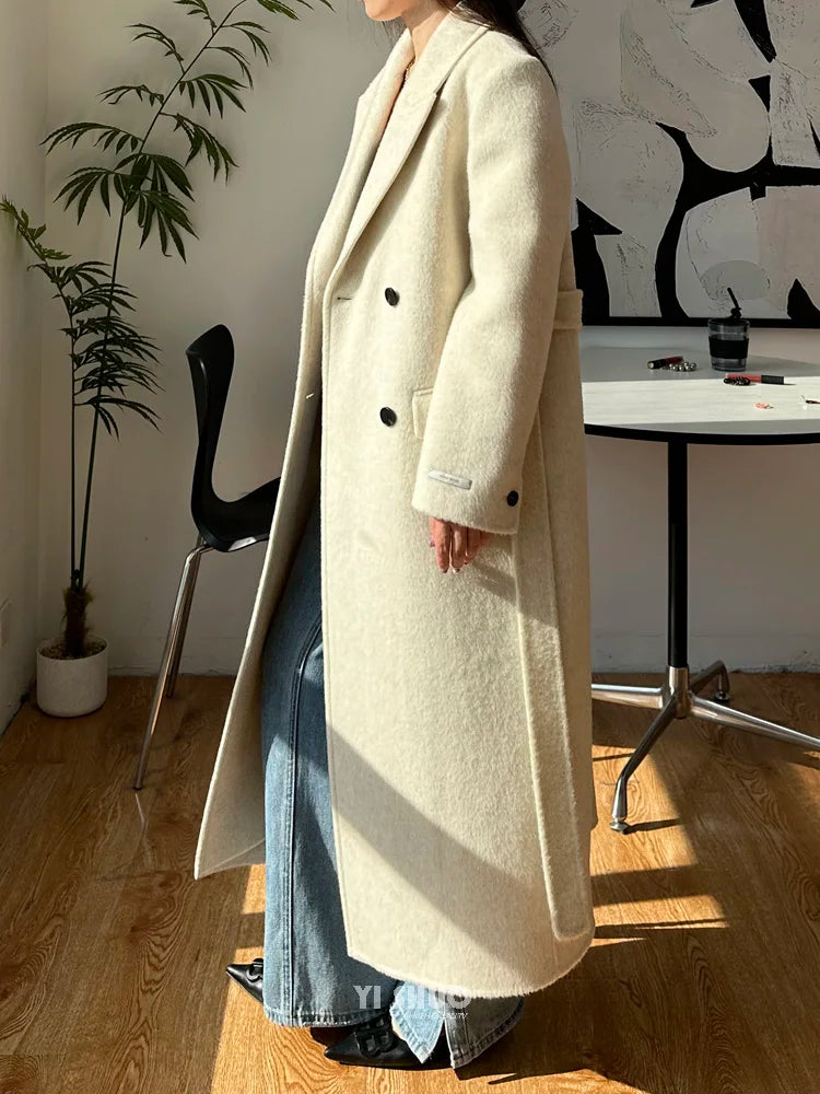 High-end White Thick Double-sided Wool Cashmere Coat Long Women Fashion Casual Loose Lapel Lace-up Woolen Jacket Autumn Winter
